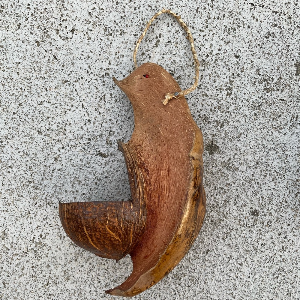 Carved Coconut Bird Hanging Planter or Feeder